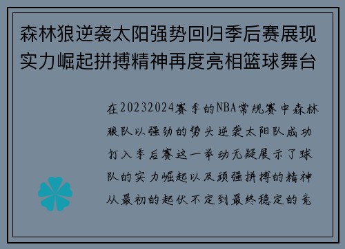 森林狼逆袭太阳强势回归季后赛展现实力崛起拼搏精神再度亮相篮球舞台