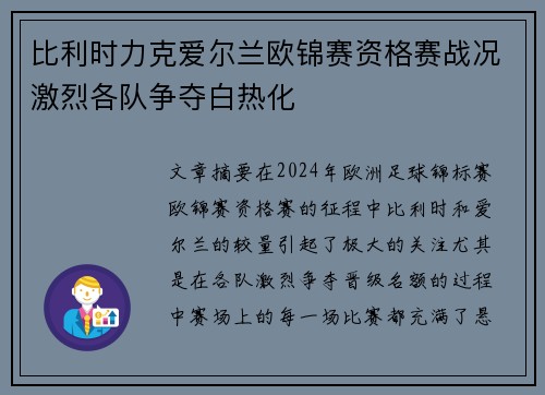 比利时力克爱尔兰欧锦赛资格赛战况激烈各队争夺白热化