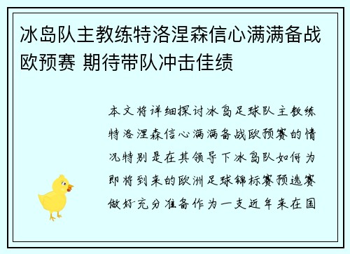 冰岛队主教练特洛涅森信心满满备战欧预赛 期待带队冲击佳绩