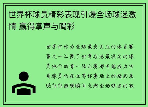 世界杯球员精彩表现引爆全场球迷激情 赢得掌声与喝彩