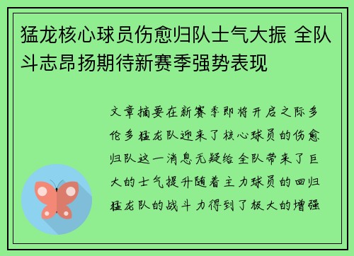 猛龙核心球员伤愈归队士气大振 全队斗志昂扬期待新赛季强势表现